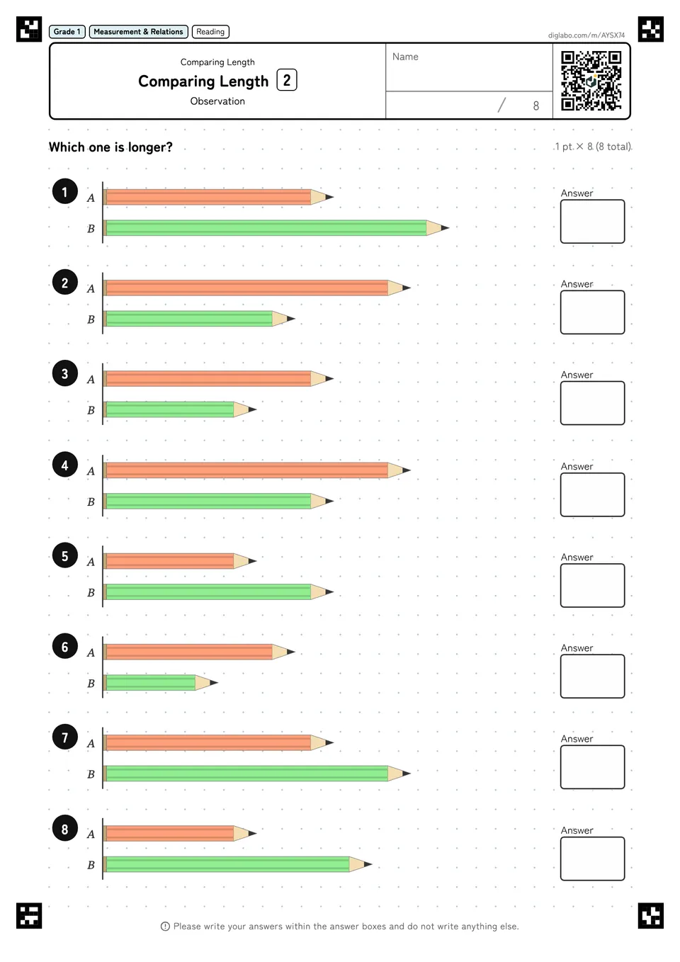 Grade 1 (Elementary School) Comparing Length Comparing Length