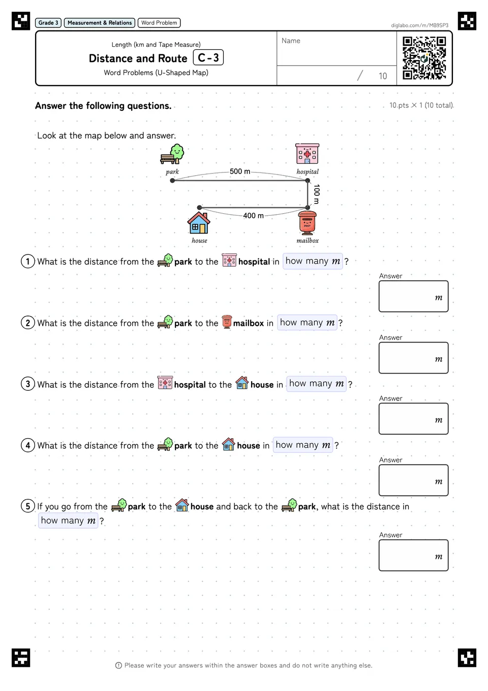 Grade 3 (Elementary School) Length (km and Tape Measure) Distance and Route