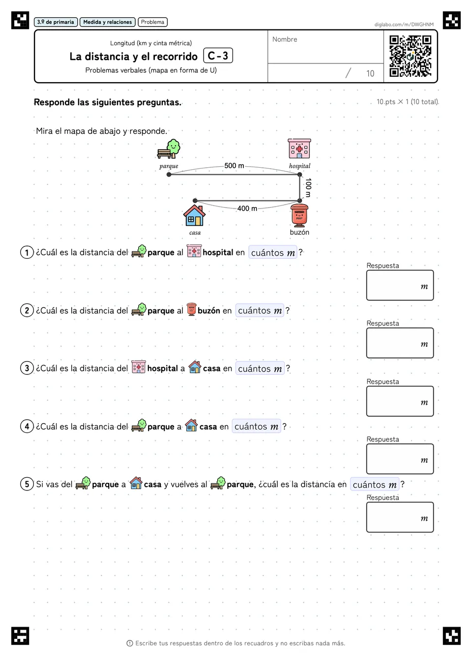 3.º de primaria Longitud (km y cinta métrica) La distancia y el recorrido