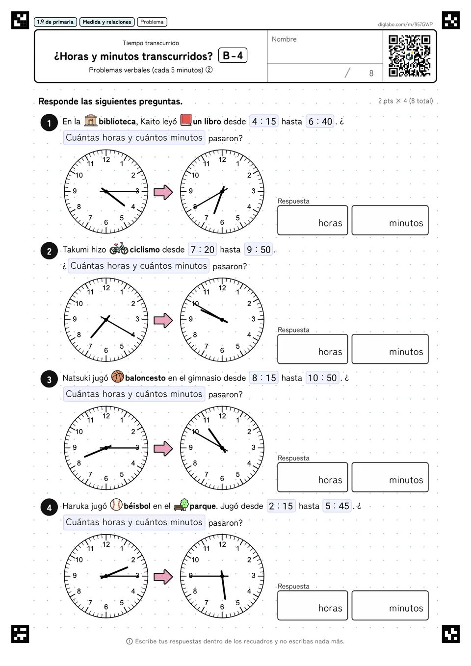 1.º de primaria Tiempo transcurrido ¿Horas y minutos transcurridos?