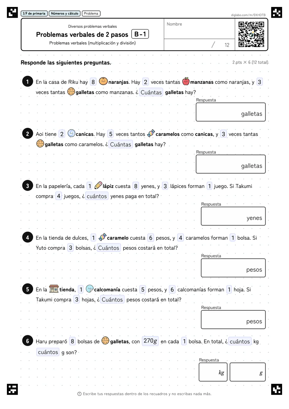 3.º de primaria Diversos problemas verbales Problemas verbales de 2 pasos
