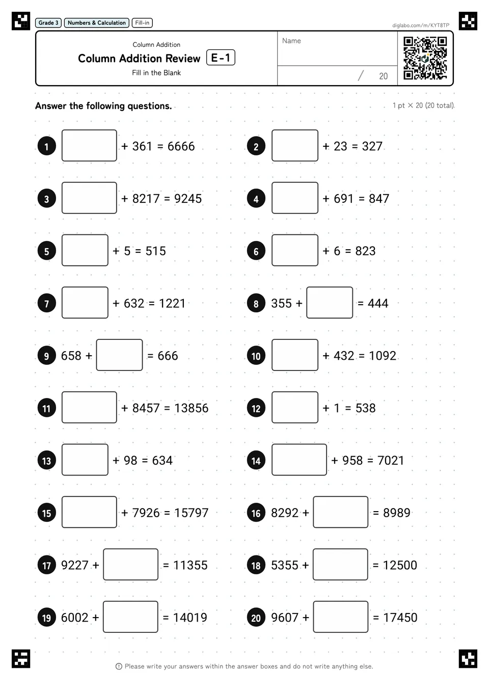Grade 3 (Elementary School) Column Addition Column Addition Review