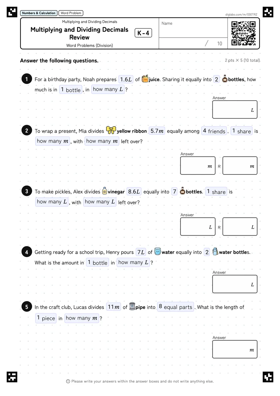 Multiplying and Dividing Decimals Review K-4