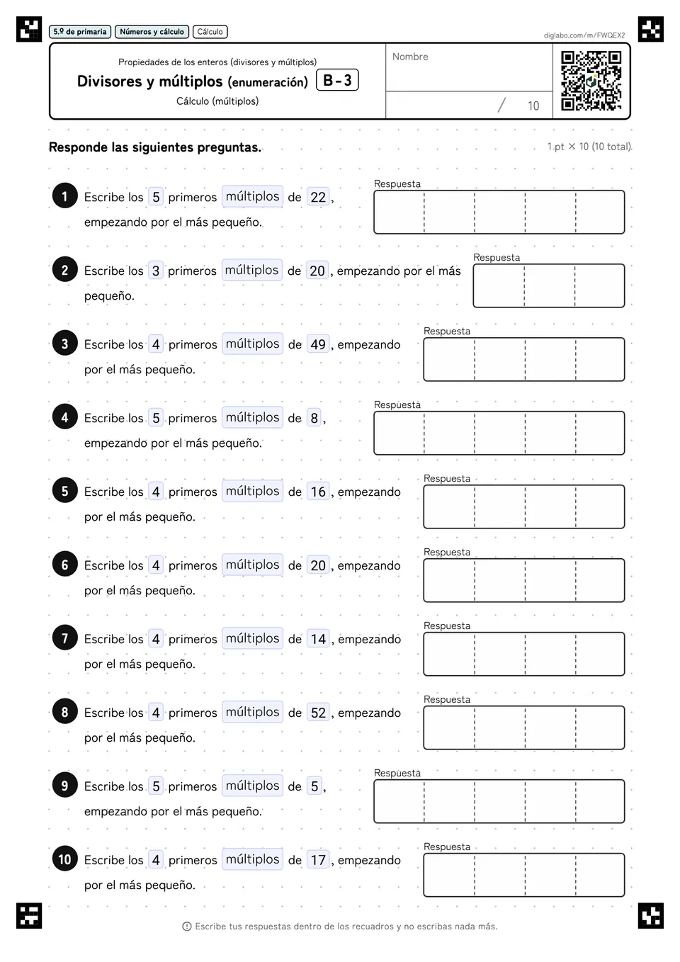 5.º de primaria Propiedades de los enteros (divisores y múltiplos) Divisores y múltiplos (enumeración)
