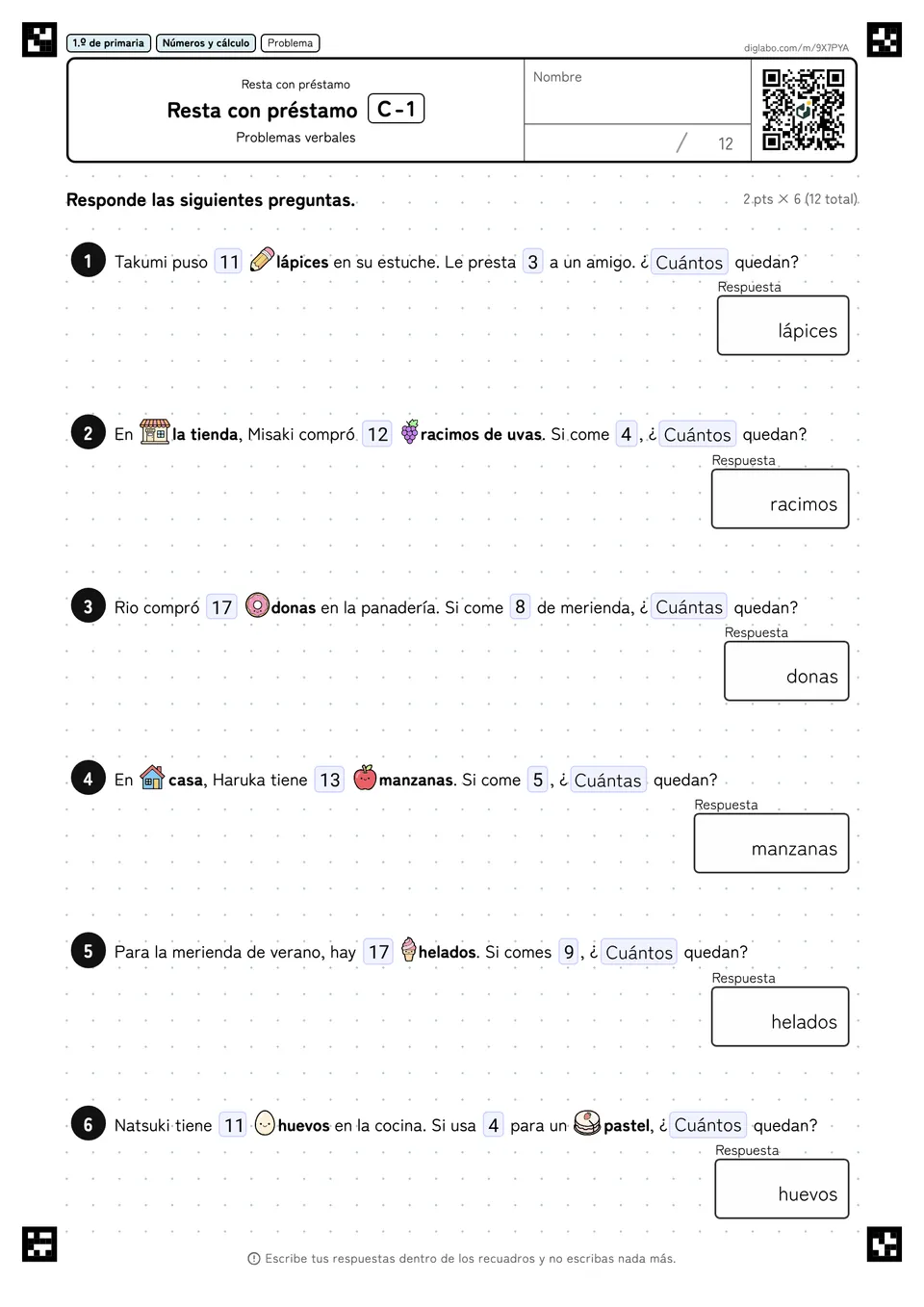 1.º de primaria Resta con préstamo Resta con préstamo