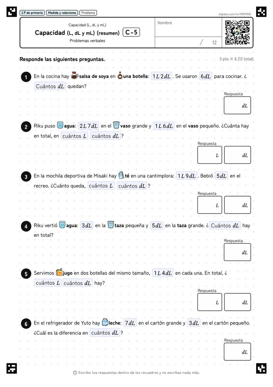 2.º de primaria Capacidad (L, dL y mL) Capacidad (L, dL y mL) (resumen)