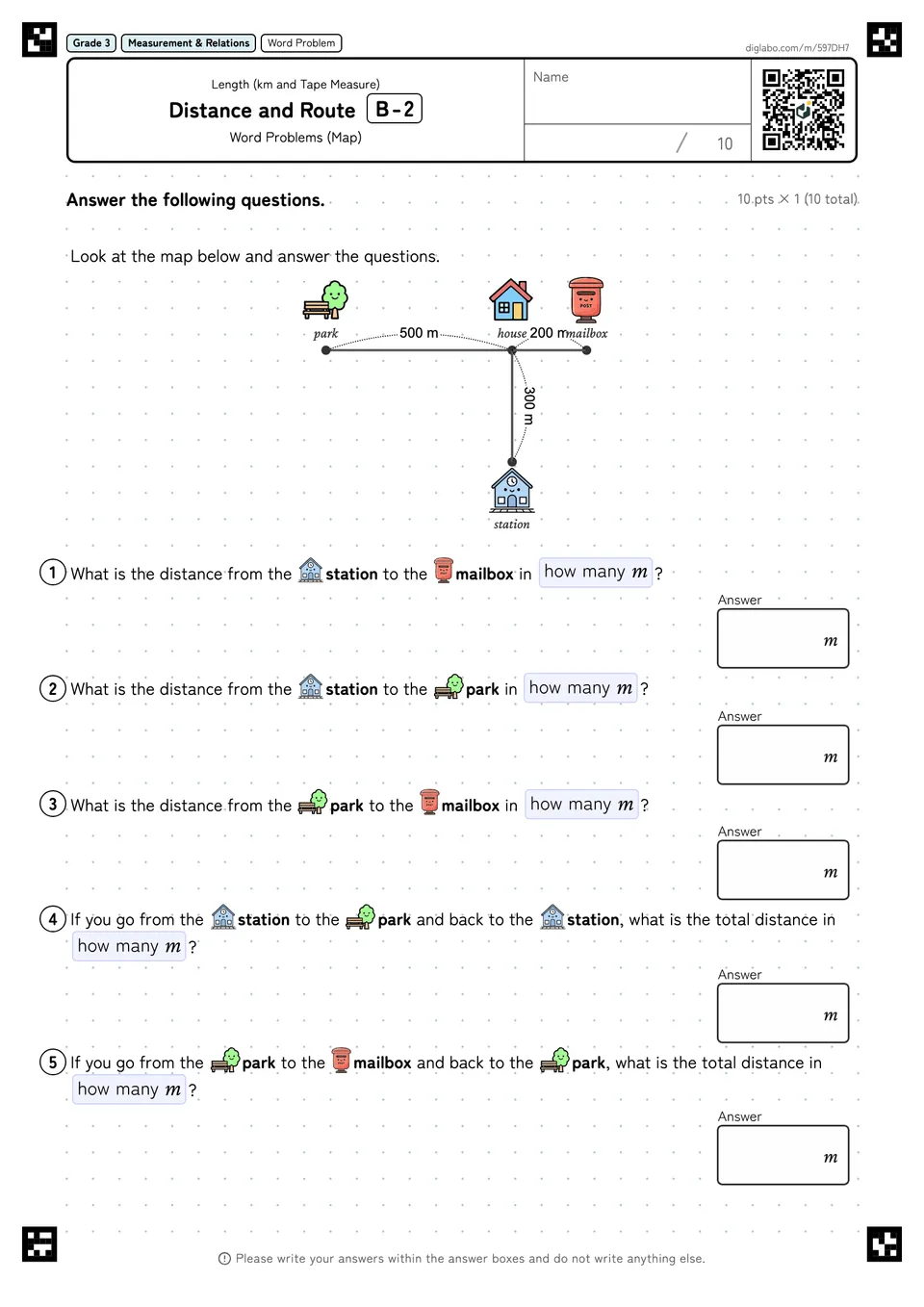Grade 3 (Elementary School) Length (km and Tape Measure) Distance and Route