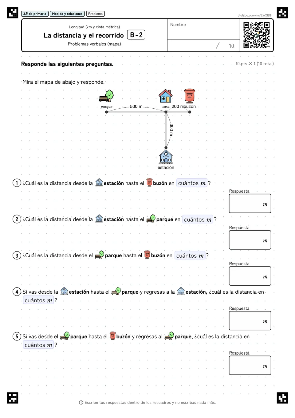 3.º de primaria Longitud (km y cinta métrica) La distancia y el recorrido