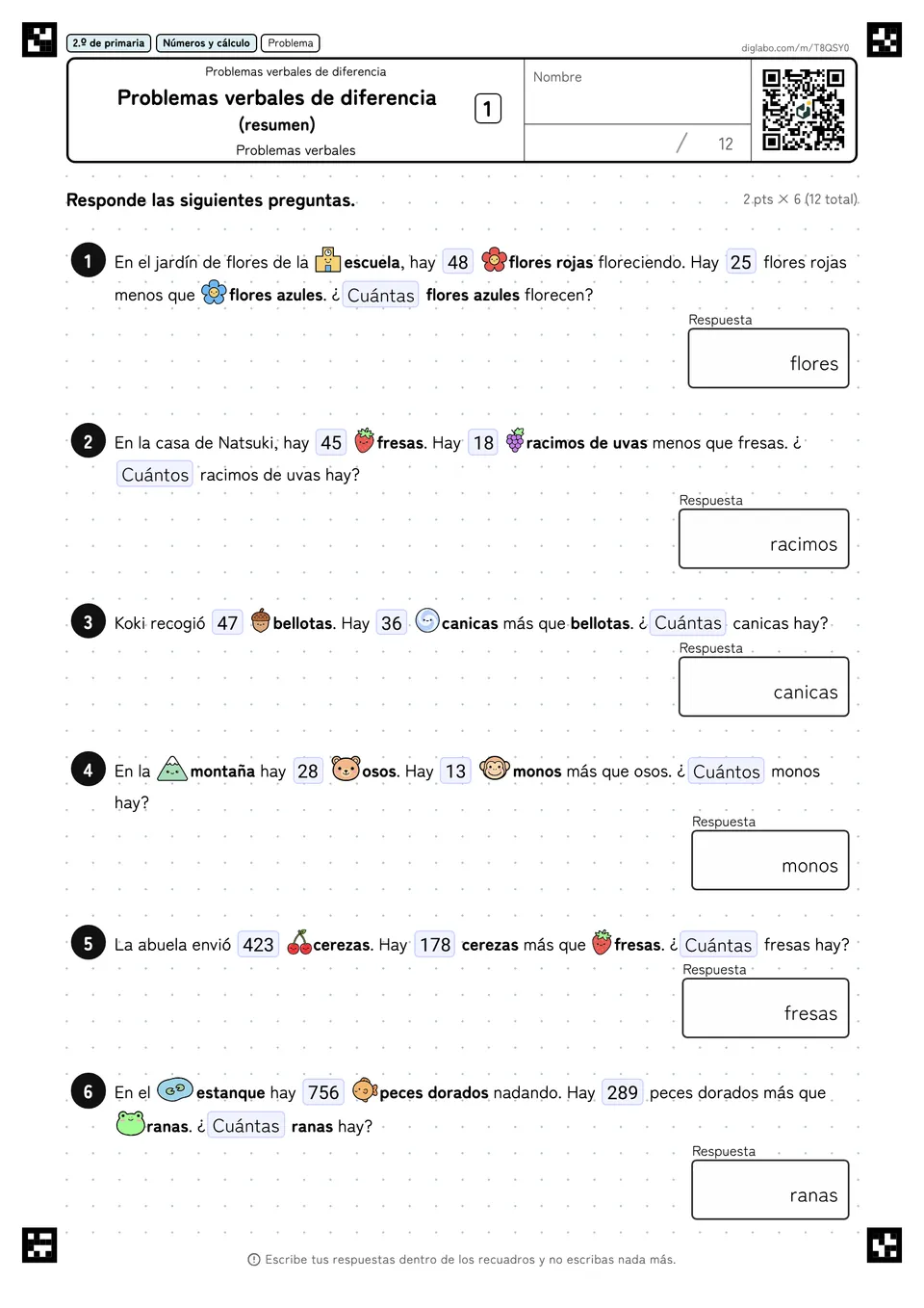 2.º de primaria Problemas verbales de diferencia Problemas verbales de diferencia (resumen)