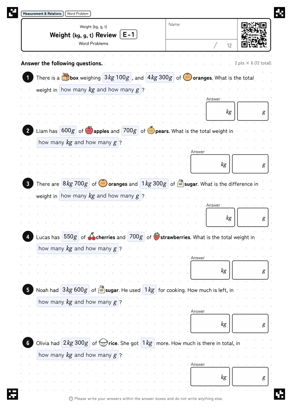 Weight (kg, g, t) Review E-1