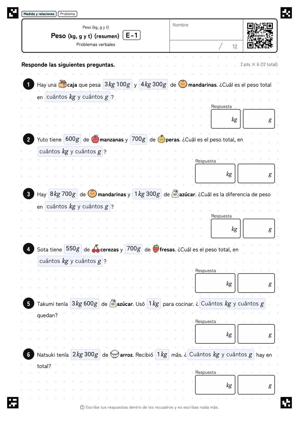 Peso (kg, g y t) (resumen) E-1