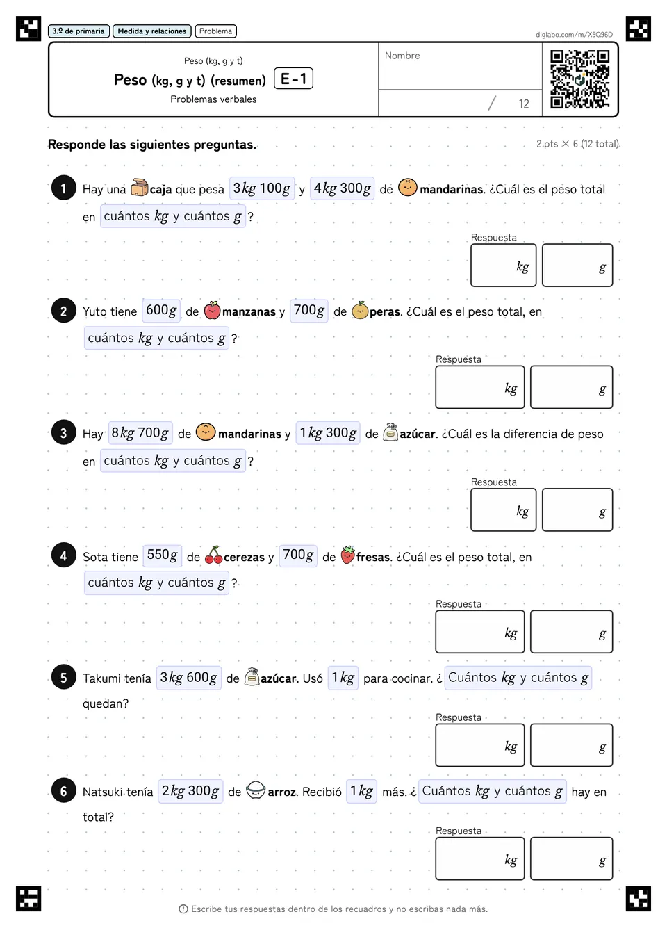3.º de primaria Peso (kg, g y t) Peso (kg, g y t) (resumen)