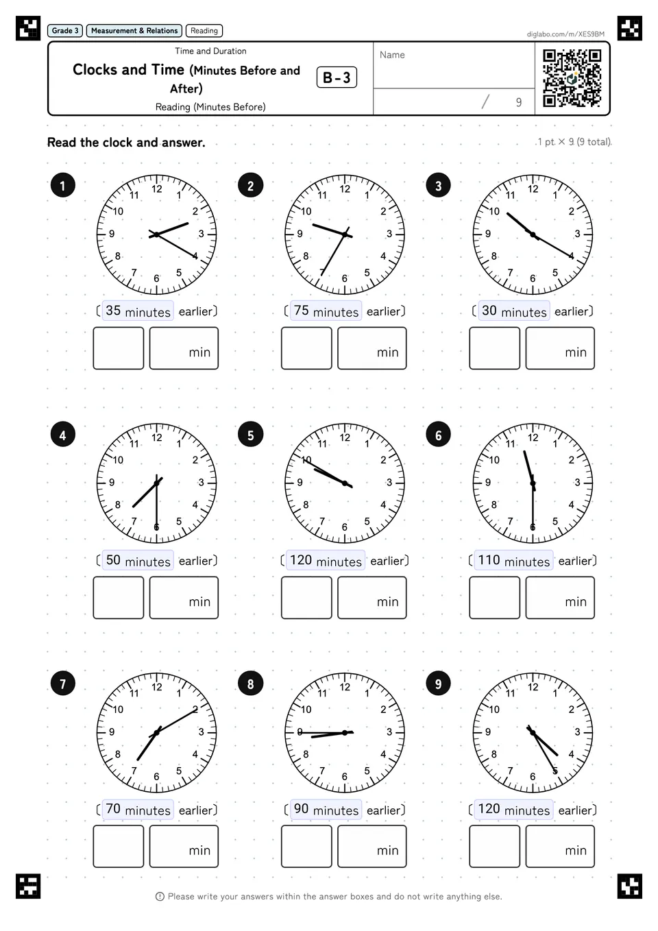 Grade 3 (Elementary School) Time and Duration Clocks and Time (Minutes Before and After)