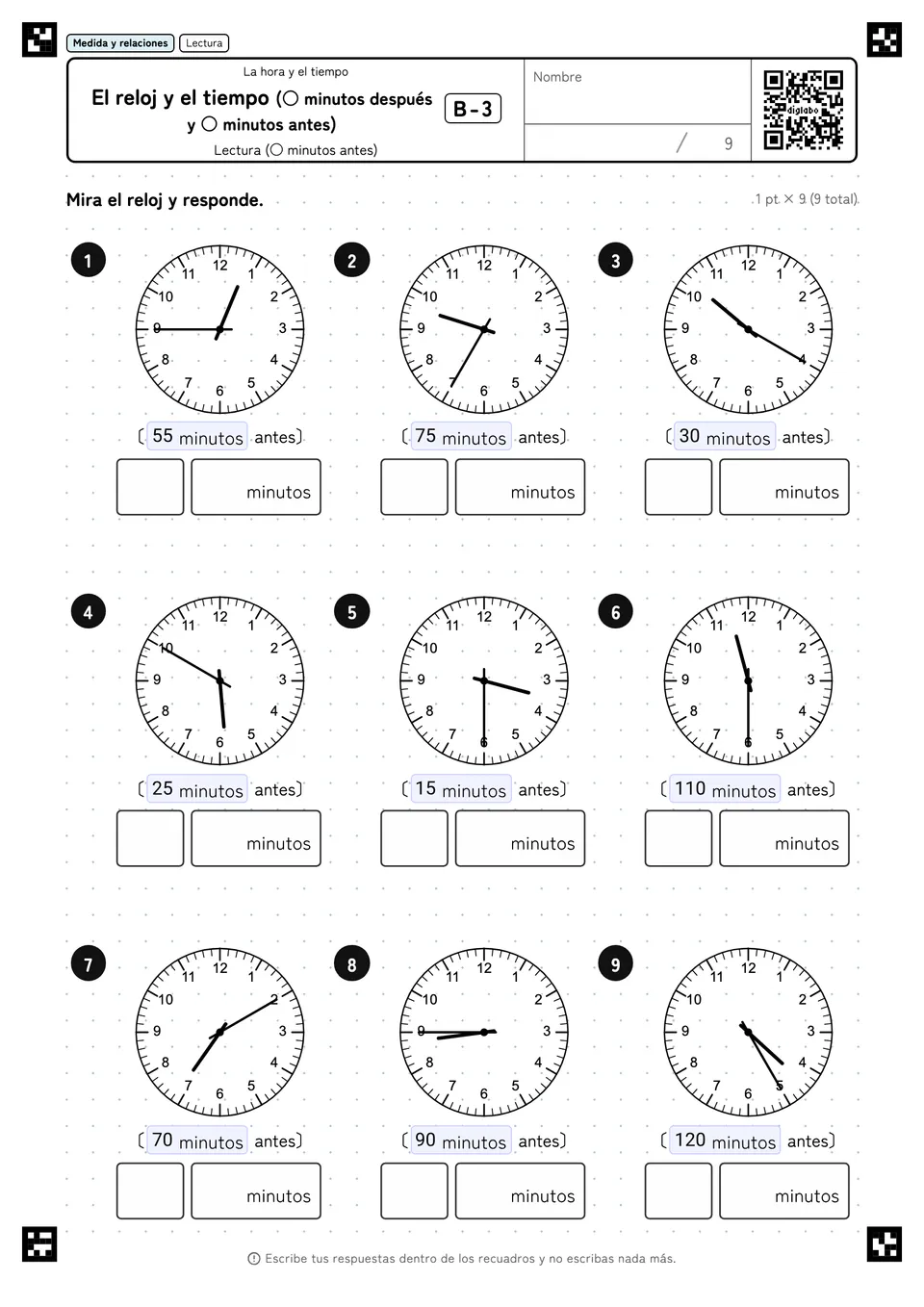 El reloj y el tiempo (○ minutos después y ○ minutos antes) B-3