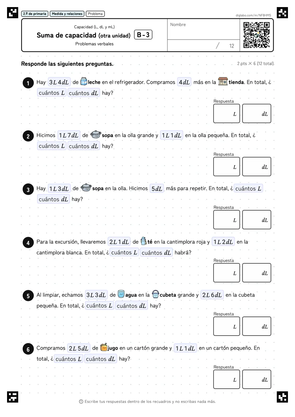 2.º de primaria Capacidad (L, dL y mL) Suma de capacidad (otra unidad)