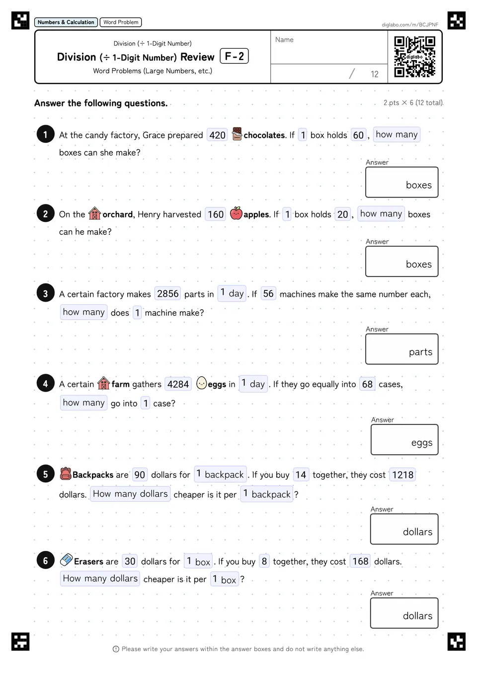 Division (÷ 1-Digit Number) Review F-2