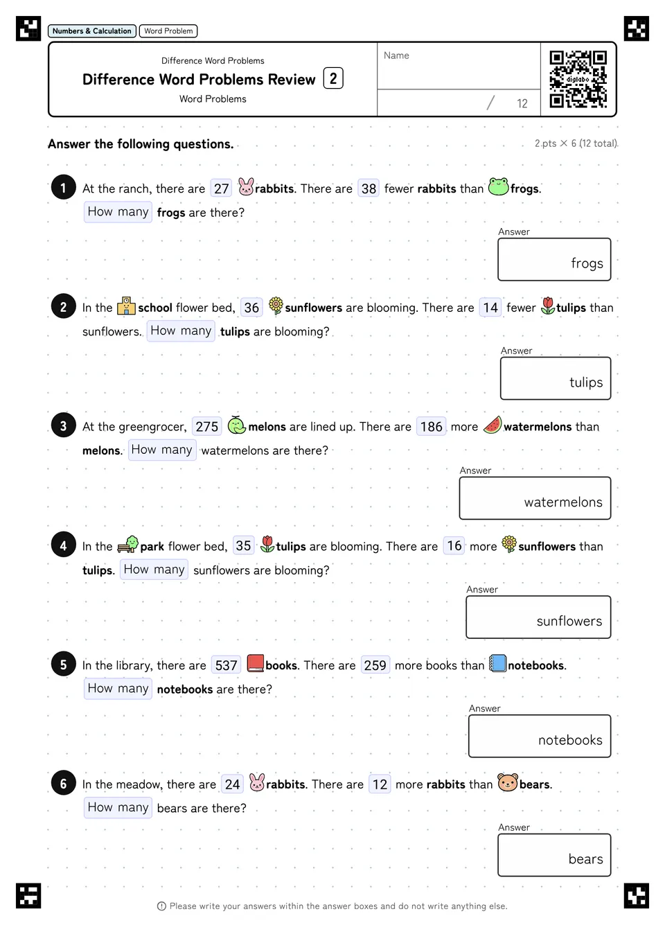 Difference Word Problems Review 2