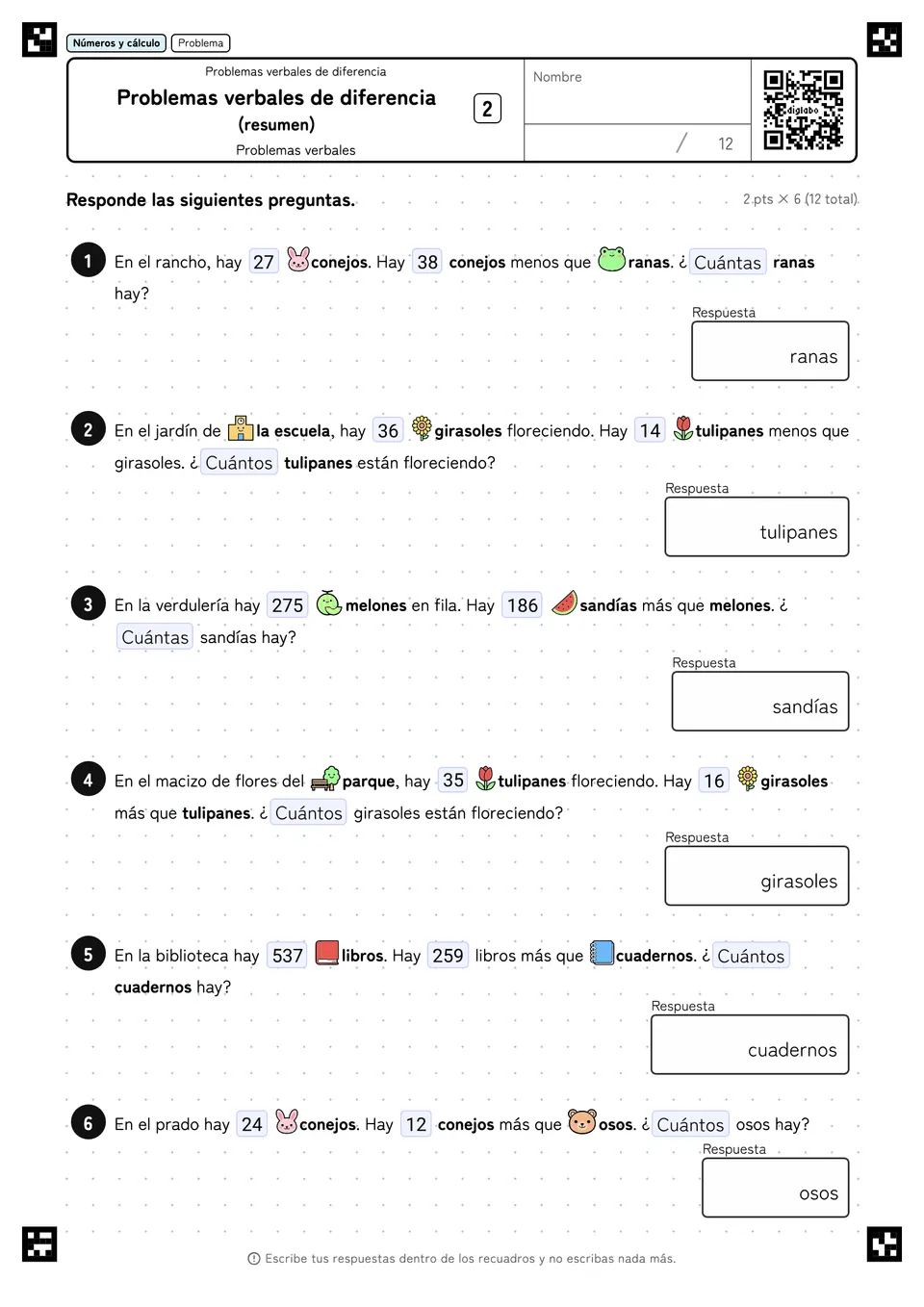 Problemas verbales de diferencia (resumen) 2