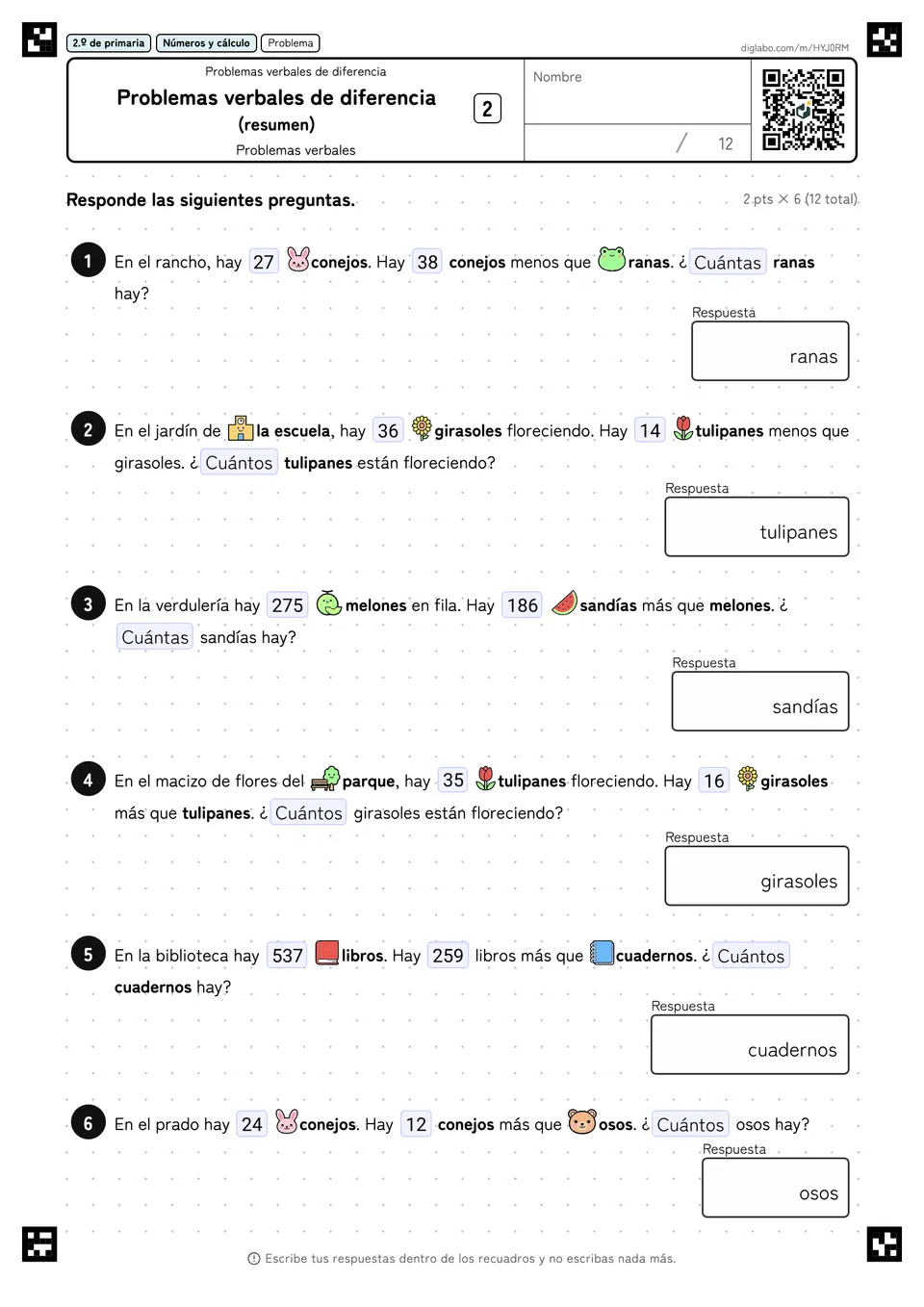 2.º de primaria Problemas verbales de diferencia Problemas verbales de diferencia (resumen)