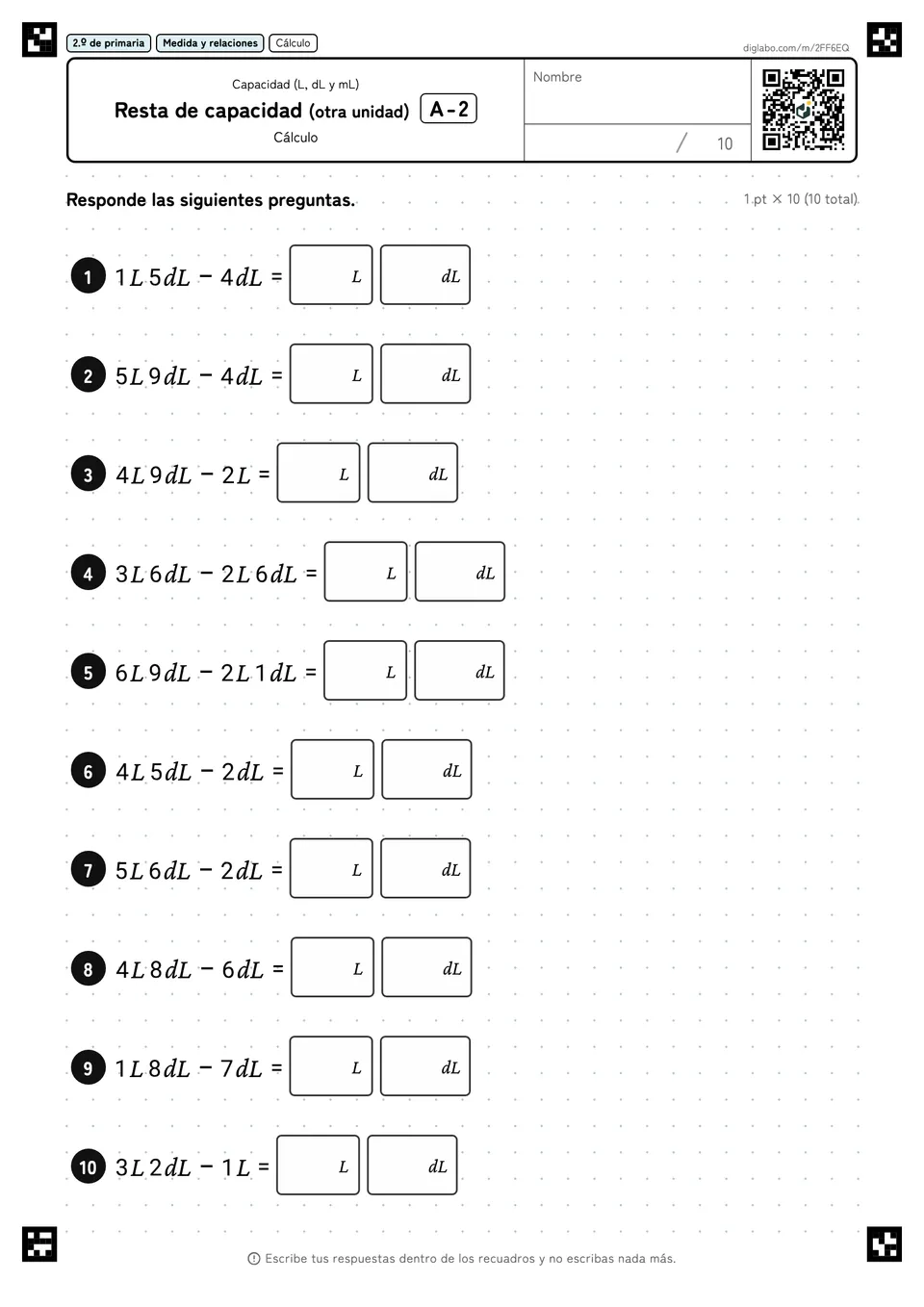 2.º de primaria Capacidad (L, dL y mL) Resta de capacidad (otra unidad)