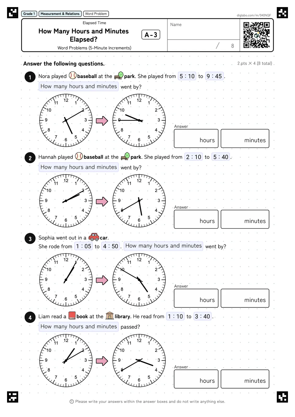 Grade 1 (Elementary School) Elapsed Time How Many Hours and Minutes Elapsed?