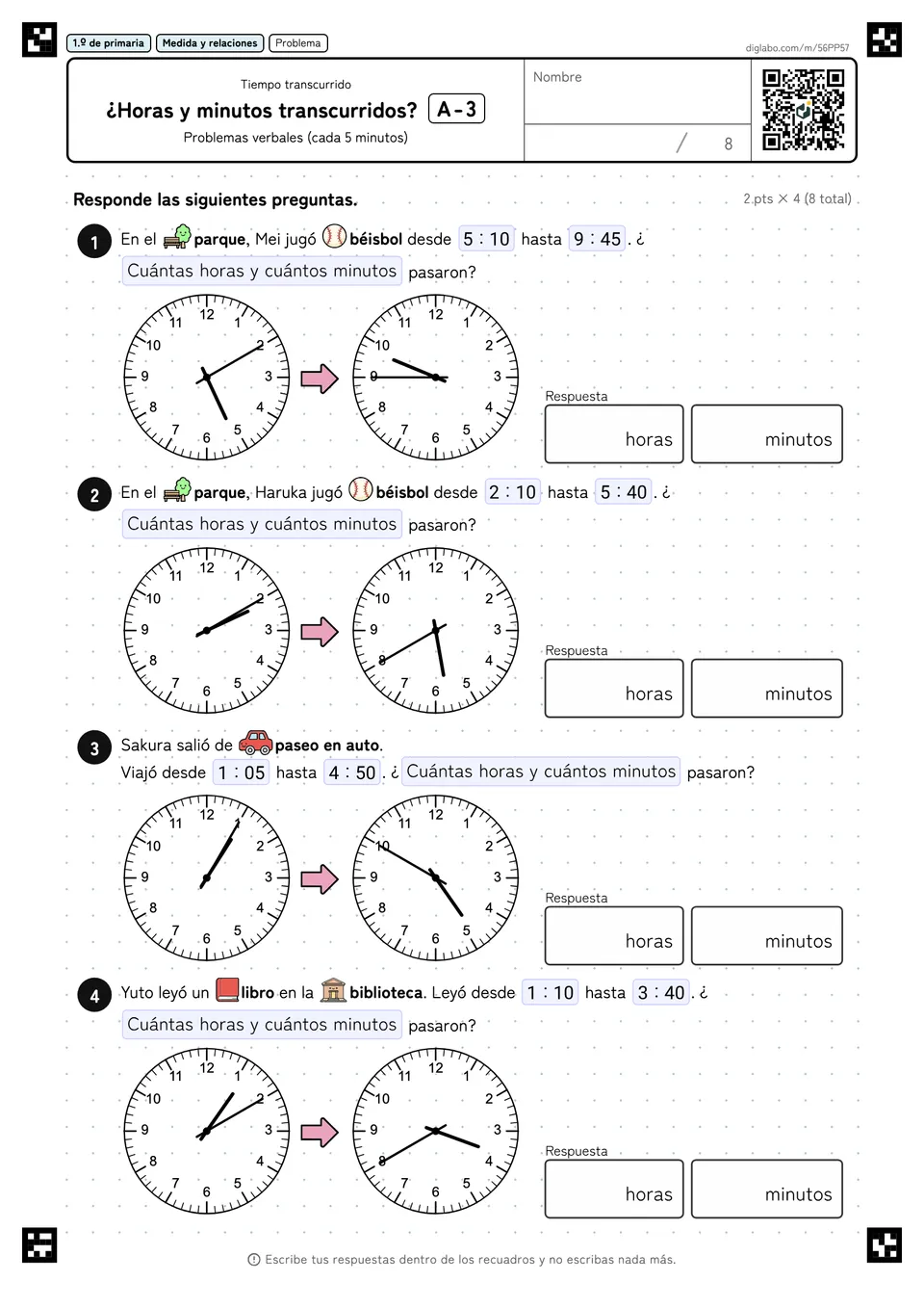 1.º de primaria Tiempo transcurrido ¿Horas y minutos transcurridos?