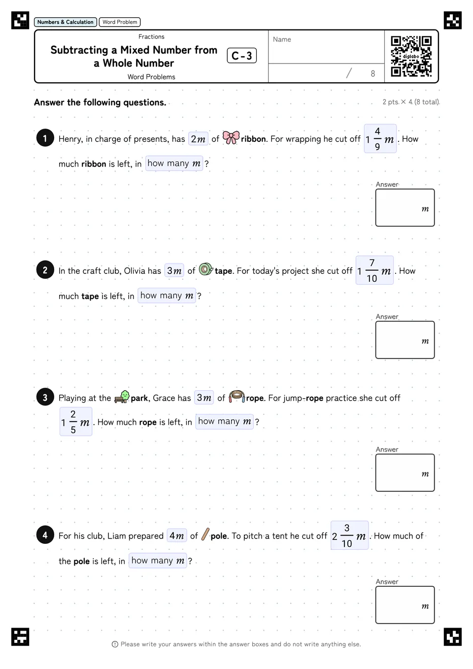 Subtracting a Mixed Number from a Whole Number C-3
