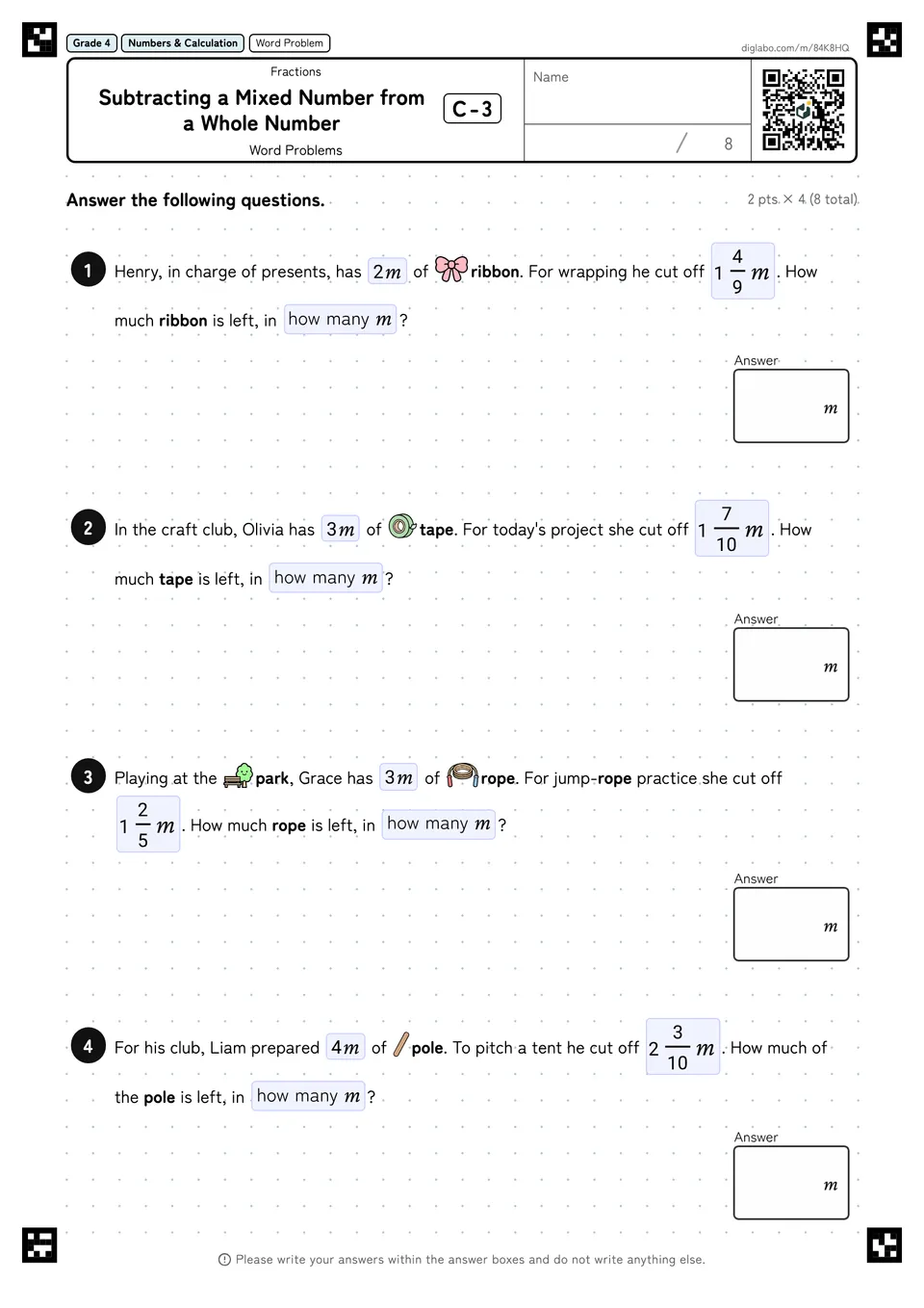 Grade 4 (Elementary School) Fractions Subtracting a Mixed Number from a Whole Number