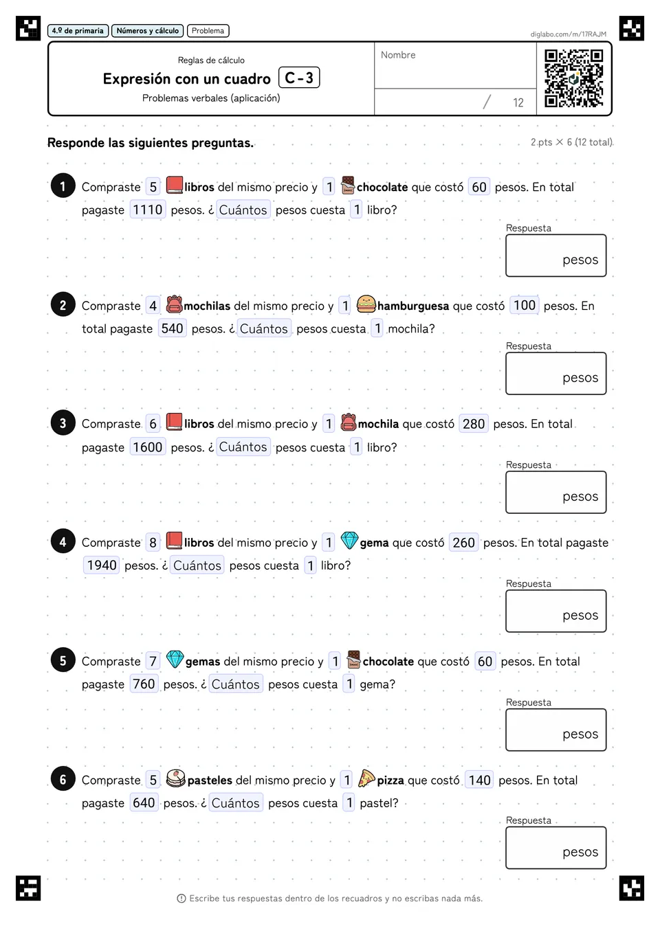 4.º de primaria Reglas de cálculo Expresión con un cuadro