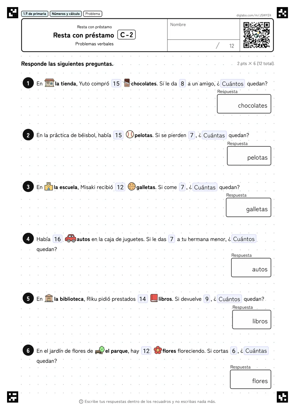 1.º de primaria Resta con préstamo Resta con préstamo