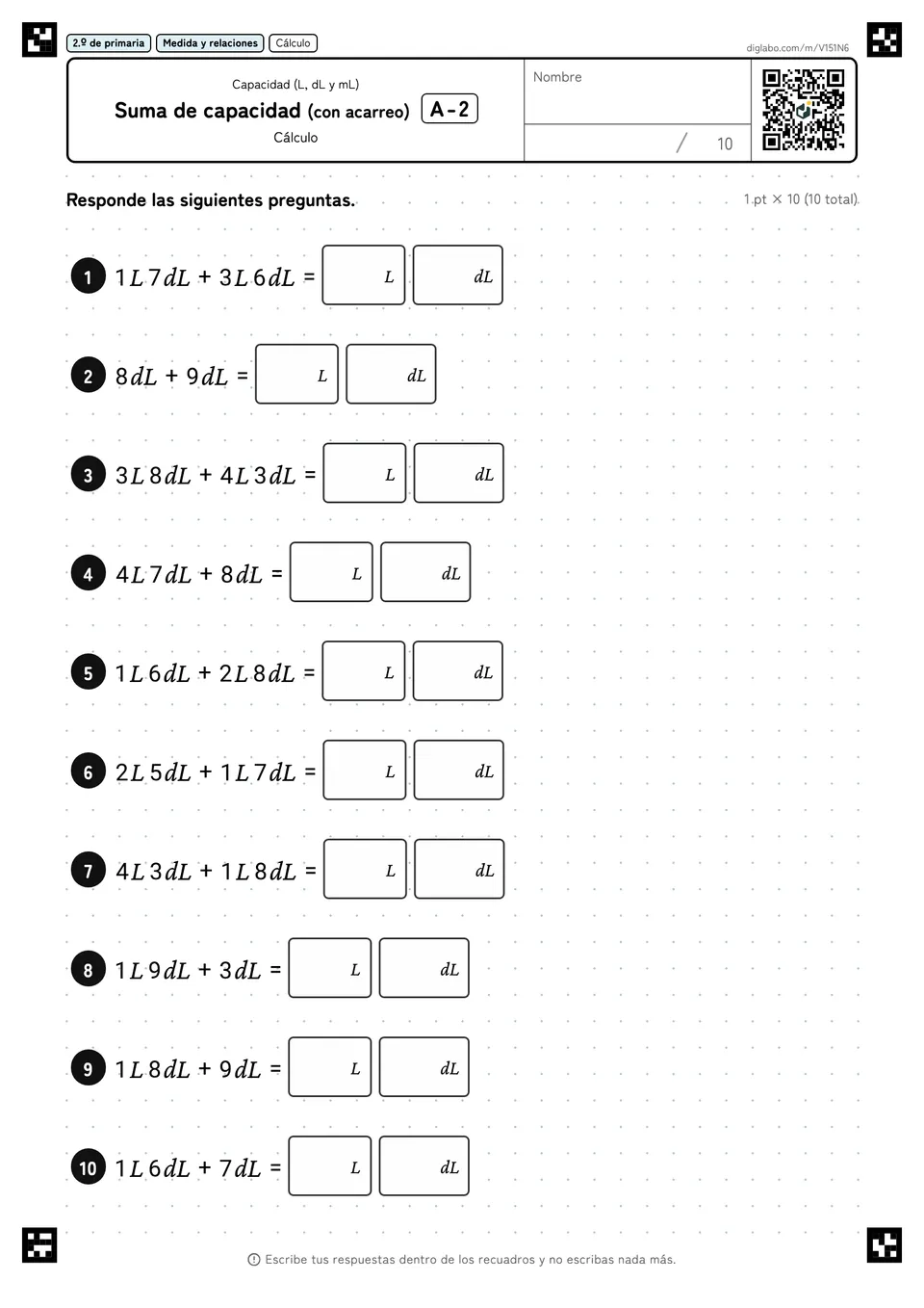 2.º de primaria Capacidad (L, dL y mL) Suma de capacidad (con acarreo)