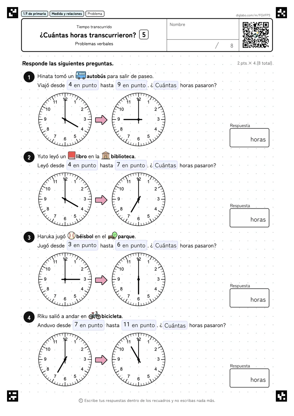 1.º de primaria Tiempo transcurrido ¿Cuántas horas transcurrieron?