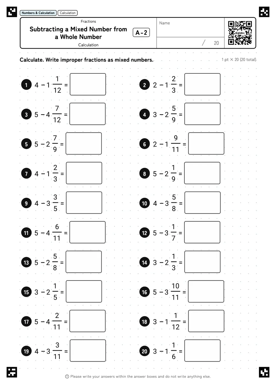 Subtracting a Mixed Number from a Whole Number A-2