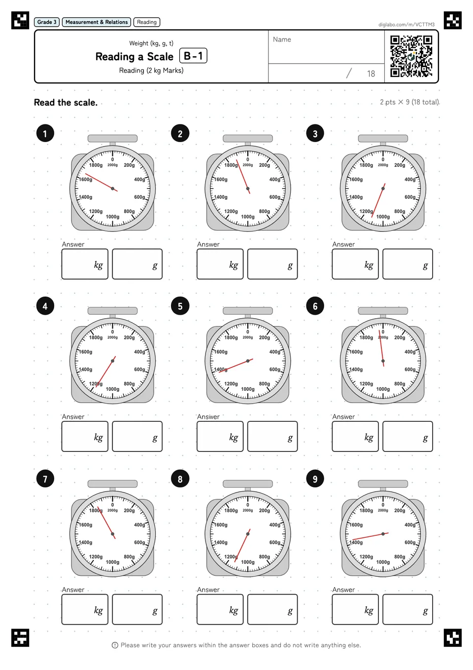 Grade 3 (Elementary School) Weight (kg, g, t) Reading a Scale