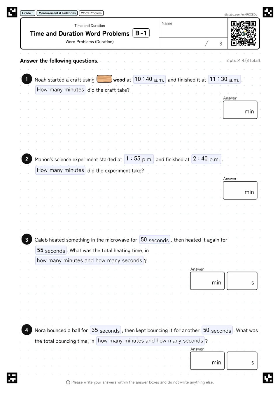 Grade 3 (Elementary School) Time and Duration Time and Duration Word Problems