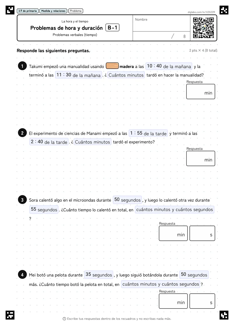 3.º de primaria La hora y el tiempo Problemas de hora y duración