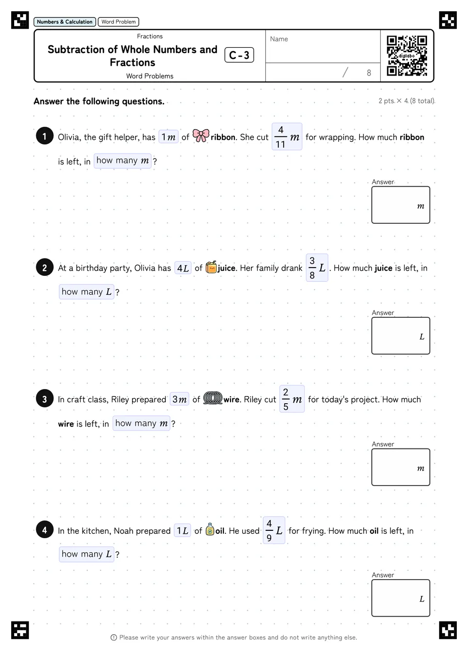 Subtraction of Whole Numbers and Fractions C-3