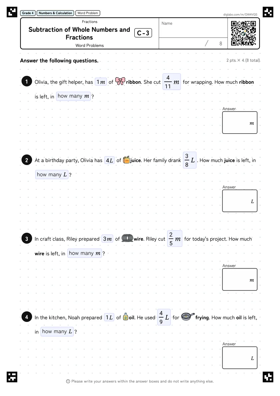 Grade 4 (Elementary School) Fractions Subtraction of Whole Numbers and Fractions