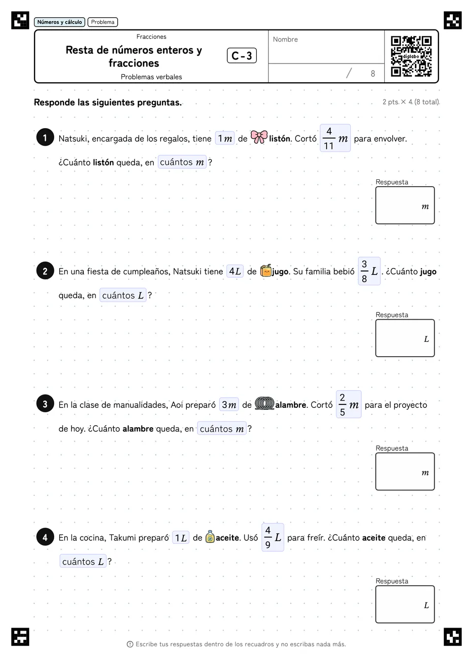 Resta de números enteros y fracciones C-3