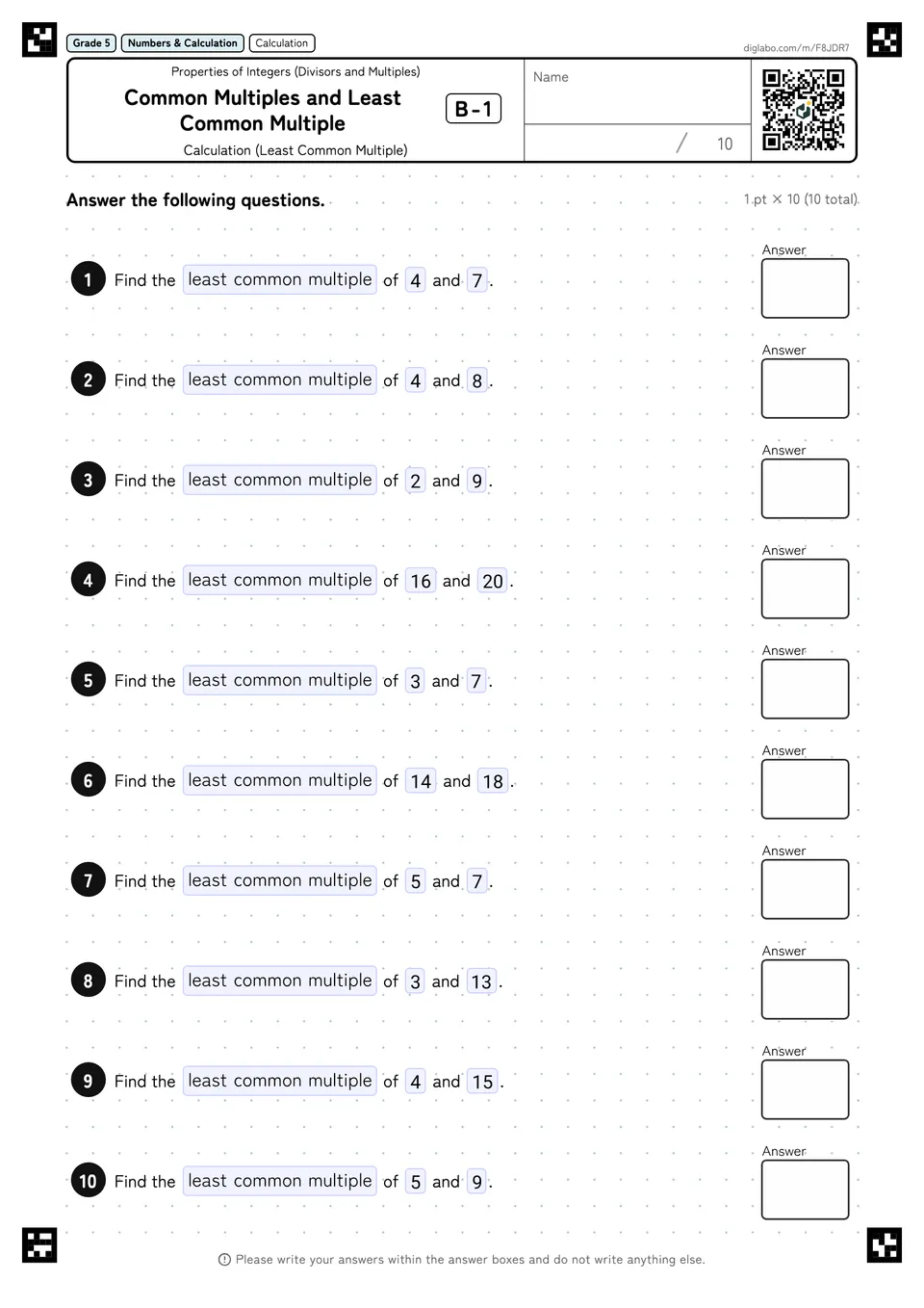 Grade 5 (Elementary School) Properties of Integers (Divisors and Multiples) Common Multiples and Least Common Multiple
