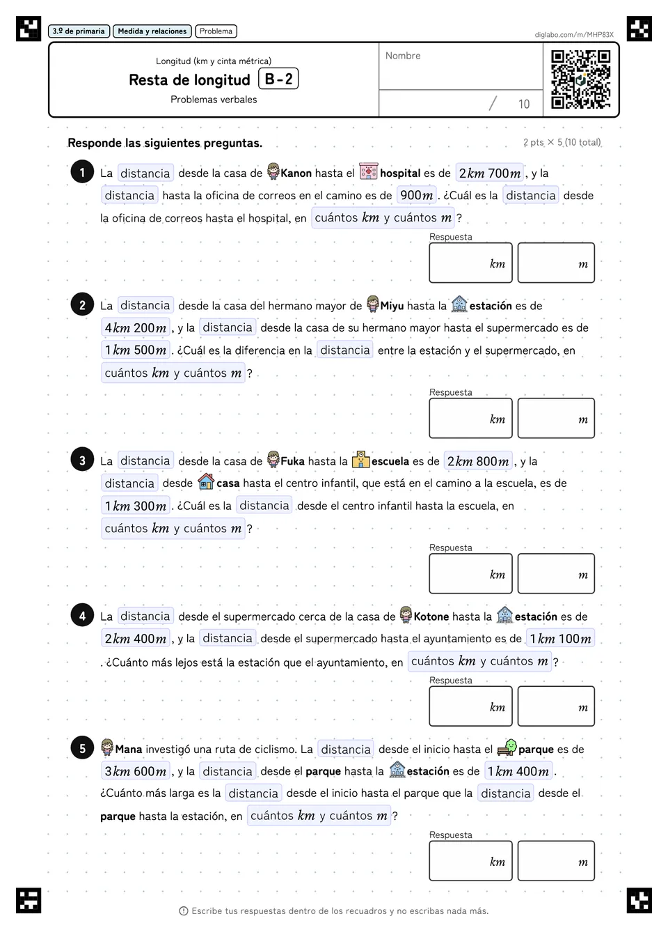 3.º de primaria Longitud (km y cinta métrica) Resta de longitud