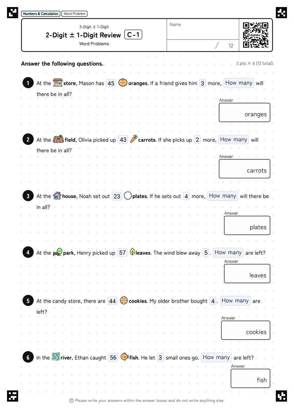 2-Digit ± 1-Digit Review C-1