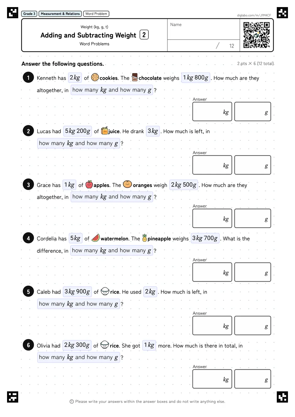 Grade 3 (Elementary School) Weight (kg, g, t) Adding and Subtracting Weight