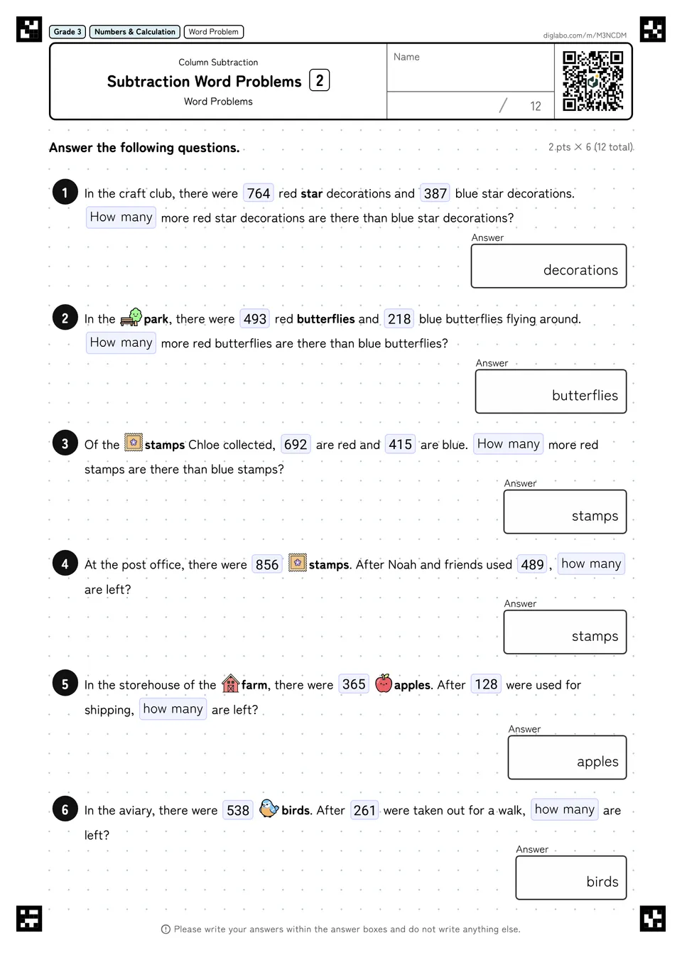 Grade 3 (Elementary School) Column Subtraction Subtraction Word Problems