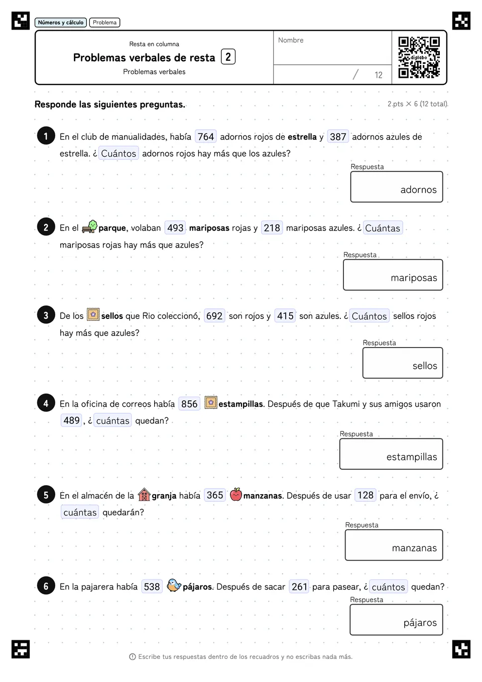 Problemas verbales de resta 2