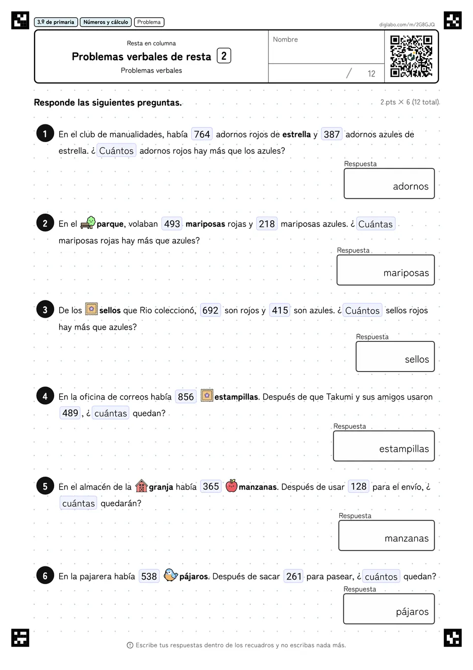 3.º de primaria Resta en columna Problemas verbales de resta