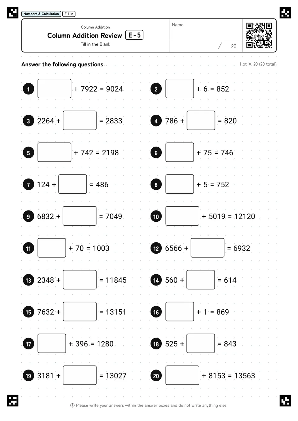 Column Addition Review E-5