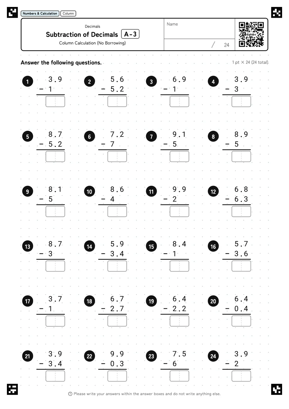 Subtraction of Decimals A-3