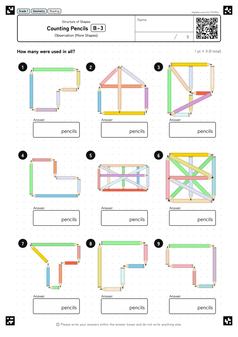 Grade 1 (Elementary School) Structure of Shapes Counting Pencils