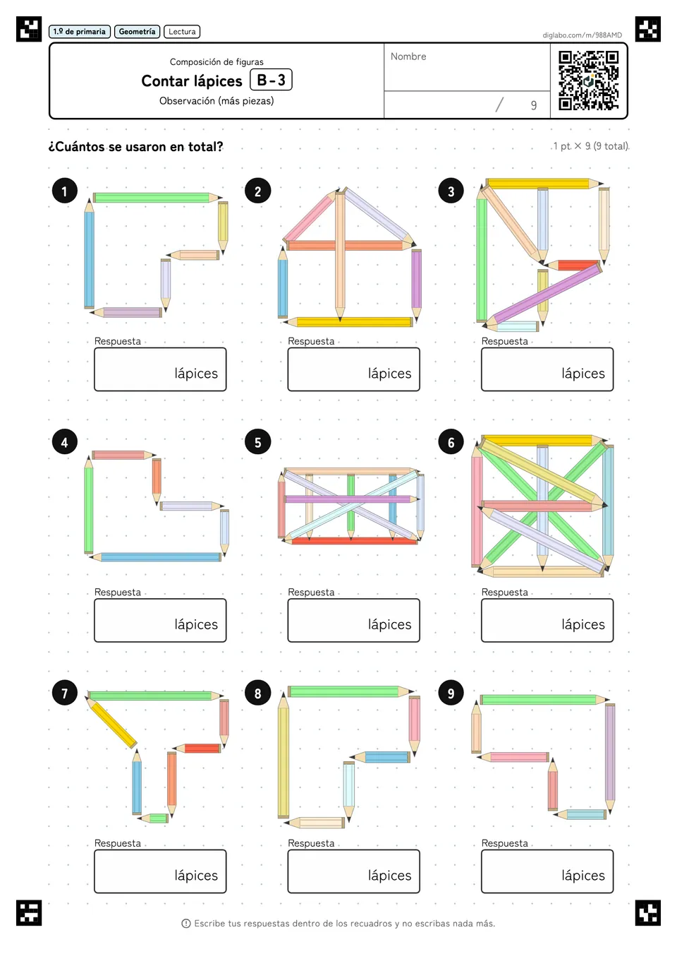 1.º de primaria Composición de figuras Contar lápices